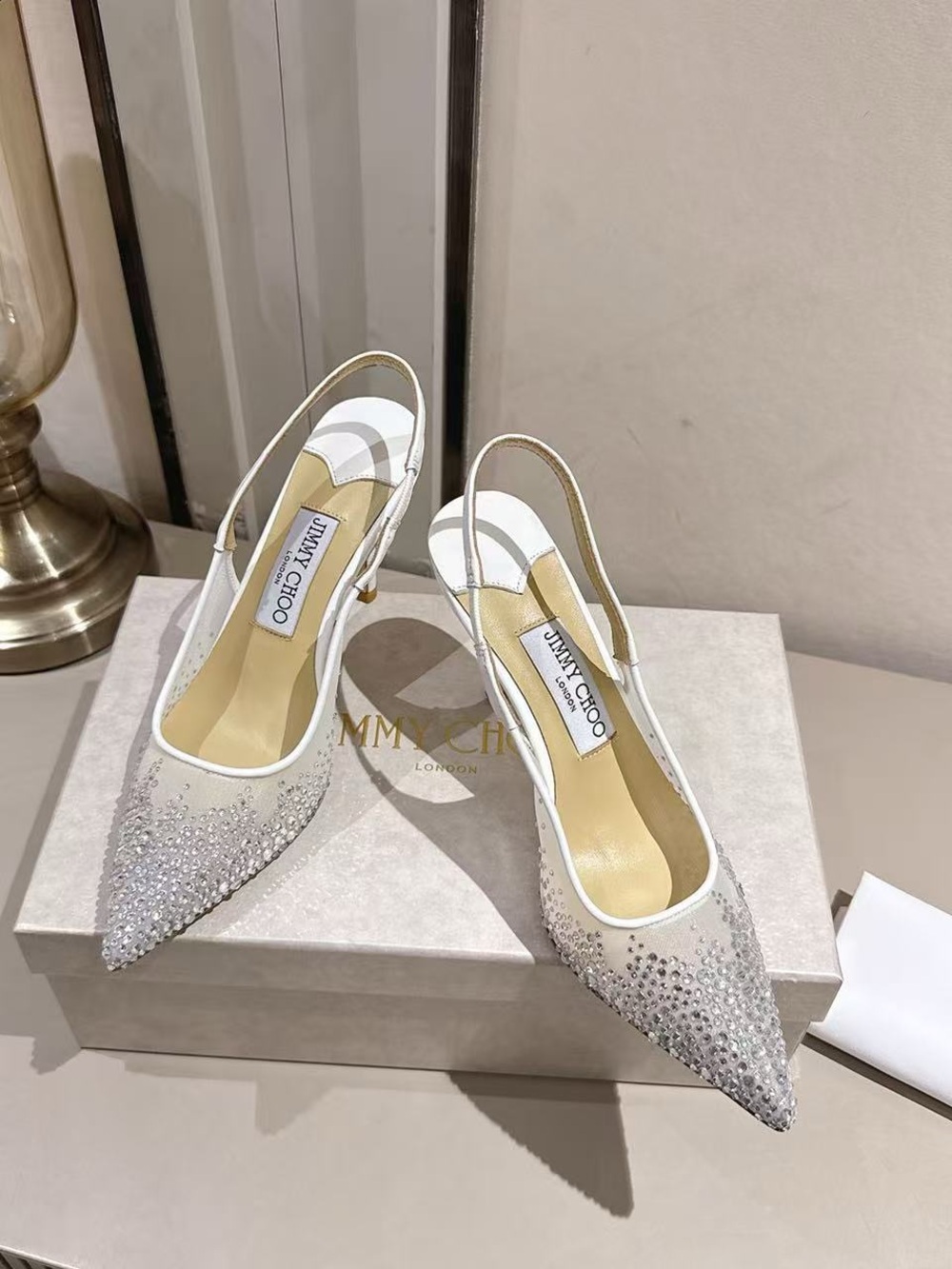 Jimmy Choo White Crystal Embellished Pointed Slingback Heels